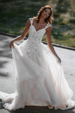 Gorgeous Sweetheart White Tulle Lace Backless A-Line Wedding Dresses