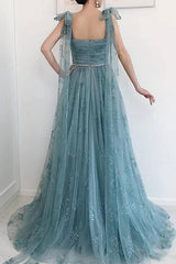 Gorgeous Tulle Sleeveless Dusty Blue Sweetheart High Split Prom Dresses