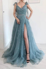 Gorgeous Tulle Sleeveless Dusty Blue Sweetheart High Split Prom Dresses