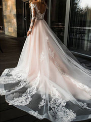 Gorgeous V Neck Backless Tulle Long Lace Wedding Dresses With Long Sleeves