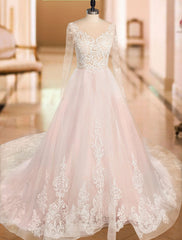 Gorgeous V Neck Backless Tulle Long Lace Wedding Dresses With Long Sleeves