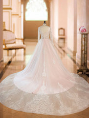 Gorgeous V Neck Backless Tulle Long Lace Wedding Dresses With Long Sleeves