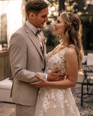 Gorgeous V-Neck Sleeveless A-Line Lace Wedding Dress With Chapel Train