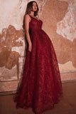 Gorgeous V Neck Sleeveless Ruby Tulle Lace Crystal A-Line Prom Dresses