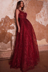 Gorgeous V Neck Sleeveless Ruby Tulle Lace Crystal A-Line Prom Dresses