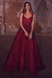 Gorgeous V Neck Sleeveless Ruby Tulle Lace Crystal A-Line Prom Dresses