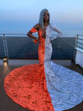 Gorgeous V-neck Off-the-shoulder Long Sleeve Appliques Floor-length Mermaid Prom Dresses