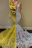 Gorgeous V-neck One Shoulder Long Sleeve Floor-length Mermaid Prom Dresses