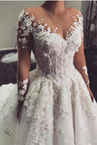 Gorgeous White 3D Floral Lace Wedding Dress Jewel Neck Tulle Aline Bridal Dress with Long Sleeves