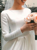 Gorgeous White Satin Ruffles A-Line Wedding Dresses With Long Sleeves