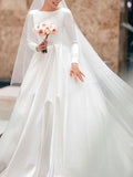 Gorgeous White Satin Ruffles A-Line Wedding Dresses With Long Sleeves