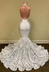 Gorgeous White V-Neck Sleeveless Prom Dress Mermaid Lace Bottom Flowers