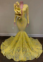 Gorgeous Yellow V-neck Long Sleeve Floor-length Mermaid Prom Dresses