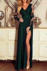 Graceful Long Sleeves Satin Dark Green Ruffles Lace Split Prom Dresses