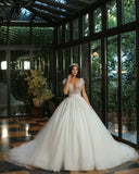 Graceful Off The Shoulder Tulle V Neck Lace A-Line Wedding Dresses