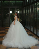 Graceful Off The Shoulder Tulle V Neck Lace A-Line Wedding Dresses