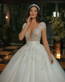 Graceful Off The Shoulder Tulle V Neck Lace A-Line Wedding Dresses