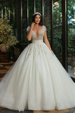 Graceful Off The Shoulder Tulle V Neck Lace A-Line Wedding Dresses