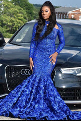 Graceful Royal Blue Sequins Mermaid Evening Gowns With Long Sleeves