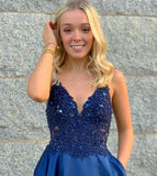 Graceful Spaghetti Straps V Neck Split Royal Blue Lace Prom Dresses