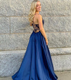 Graceful Spaghetti Straps V Neck Split Royal Blue Lace Prom Dresses