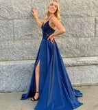 Graceful Spaghetti Straps V Neck Split Royal Blue Lace Prom Dresses