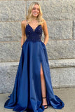 Graceful Spaghetti Straps V Neck Split Royal Blue Lace Prom Dresses