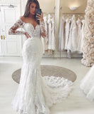 Graceful Tulle Ivory Sweetheart Lace Wedding Dresses With Long Sleeves