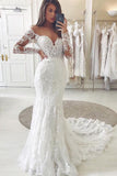 Graceful Tulle Ivory Sweetheart Lace Wedding Dresses With Long Sleeves