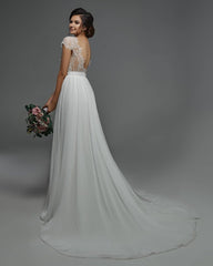 Graceful White Chiffon Ruffles V Neck A-Line Wedding Dresses With Lace