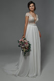 Graceful White Chiffon Ruffles V Neck A-Line Wedding Dresses With Lace