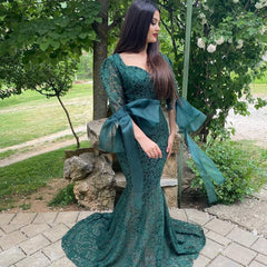 Green Lace Long Sleeve Evening Gowns Mermaid Prom Dress Online