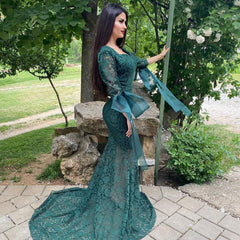 Green Lace Long Sleeve Evening Gowns Mermaid Prom Dress Online