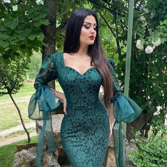 Green Lace Long Sleeve Evening Gowns Mermaid Prom Dress Online