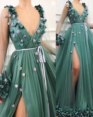 Green Long-Sleeves Side-Slit Prom Dress | Gorgeous A-Line Flower Tulle Prom Gown