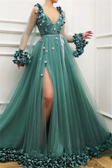 Green Long-Sleeves Side-Slit Prom Dress | Gorgeous A-Line Flower Tulle Prom Gown