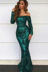 Green Off Shoulder Evening Dresses with Sleeves | Sexy Mermaid Sequins Prom Dresses BC0703