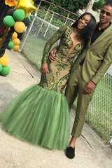 Green Sequins Prom Dresses | Sexy Mermaid Long-Sleeves Evening Gowns