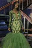 Green Sequins Prom Dresses | Sexy Mermaid Long-Sleeves Evening Gowns