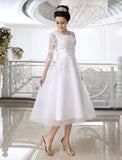 Half Sleeves Jewel Tulle Lace Knee-Length Ruffles Wedding Dresses