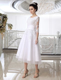 Half Sleeves Jewel Tulle Lace Knee-Length Ruffles Wedding Dresses