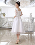 Half Sleeves Jewel Tulle Lace Knee-Length Ruffles Wedding Dresses