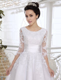 Half Sleeves Jewel Tulle Lace Knee-Length Ruffles Wedding Dresses