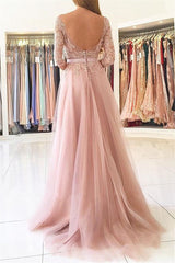 Half Sleeves Lace Appliques Pink Evening Dresses Front Split Tulle Prom Dress BA7488