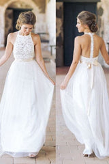 Halter A-line Lace Bride Dress Summer Appliques With Sash Tulle Prom Wedding Dresses