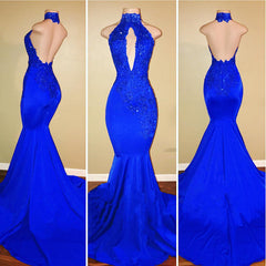 Halter Backless Sexy Prom Dresses with Lace Appliques Mermaid Sleeveless Evening Gown BA7768