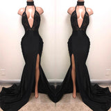 Halter Deep V-neck Black Prom Dresses | Sexy Slit Sleeveless Evening Dress