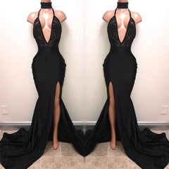 Halter Deep V-neck Black Prom Dresses | Sexy Slit Sleeveless Evening Dress