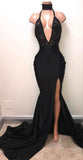 Halter Deep V-neck Black Prom Dresses | Sexy Slit Sleeveless Evening Dress