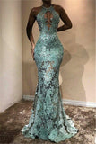 Halter Lace See Through Prom Dresses Mermaid Sleeveless Evening Gown FB0198